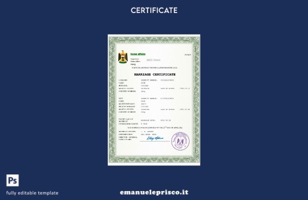 certificato di matrimonio iracheno in stile verificato modello Word e PDF